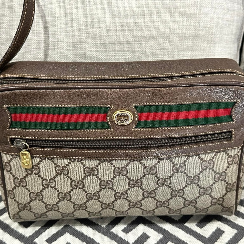 Gucci Brown and Green Crossbody Bag with GG Pattern and Gold Hardware - Picture 4 of 9
